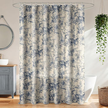 Farmhouse Blue Floral Shower Curtain with 12 Clear Rings 72"W x 84"L | Boho Fabric Faux Linen Shower Curtain Set, Vintage Cottagecore Shower Curtain for Bathroom