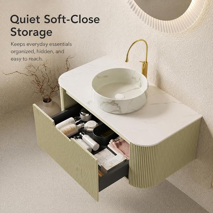 36 Inch Bathroom Vanity with Sink, Floating Wall Mounted Single Sink Vanity, Sage Green Curved Fluted Front, Stone Top, Marble-Look Round Vessel Basin, Pre-Assembled