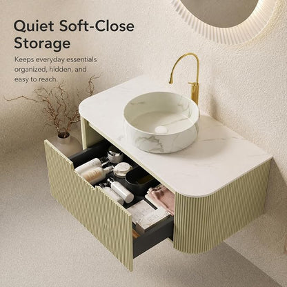 36 Inch Bathroom Vanity with Sink, Floating Wall Mounted Single Sink Vanity, Sage Green Curved Fluted Front, Stone Top, Marble-Look Round Vessel Basin, Pre-Assembled
