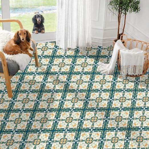 Teal Orange Floral Peel and Stick Floor Tiles 12x12 Inch 10PCS | Teal orange cream floral geometric pattern vinyl floor stickers for kitchen bathroom entryway and indoor home decor