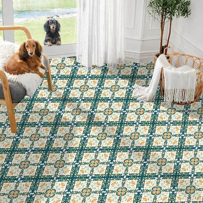 Teal Orange Floral Peel and Stick Floor Tiles 12x12 Inch 10PCS | Teal orange cream floral geometric pattern vinyl floor stickers for kitchen bathroom entryway and indoor home decor
