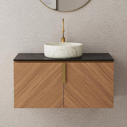 LKTART 36 Inch Bathroom Vanity with Sink, Modern Wall Mounted Bathroom Sink with 2 Doors, Black Sintered Stone Countertop and Stone Round Ceramic Basin