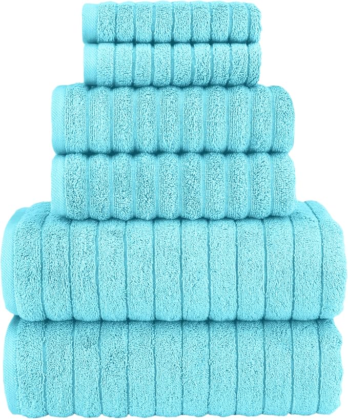 Elegant Comfort 100% Turkish Cotton Corduroy Ribbed Luxury Bath Towels 6-Piece Set, Premium Feel - Quick Dry, Highly Absorbent, Contains 2 Bath Towels, 2 Hand Towels, and 2 Washcloths, Aqua