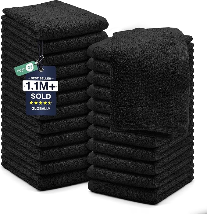 DAN RIVER 24 Pack Cotton Wash Cloths Set for Showering [12x12] Black | Lighter Weight, Quick to Dry, Super Soft & Absorbent Face Towels, Hotel Quality, Perfect for Bathroom, Gym, Spa