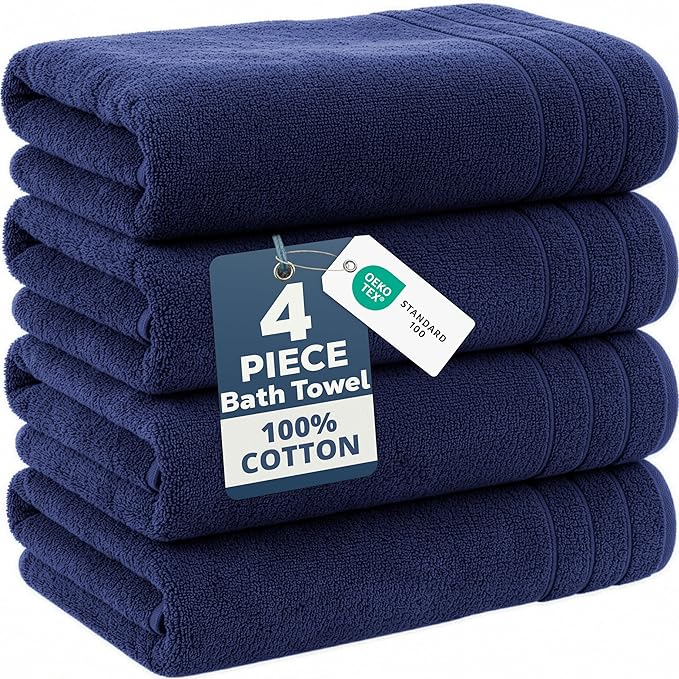 Casa Platino 100% Cotton 4 Pack Bath Towels (30"x60") - Ring Spun Mercerized Cotton Towels Set for Bathroom - Quick Dry, Soft & Absorbent Large Bath Towel Set - Dorm Essentials for Boys - Navy Blue