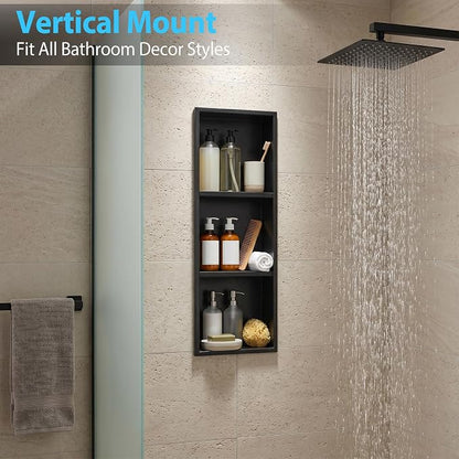 304 Stainless Steel Shower Niche 12” x 36” for Bathroom Storage | Matte Black Recessed Shower Niche No Tile Needed with 3-Tier Shelves