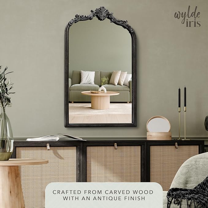 English Estate Carved Arch Wood Wall Mirror, Mirror for Entryway, Living Room, Bathroom, Distressed Black, 20.4x33