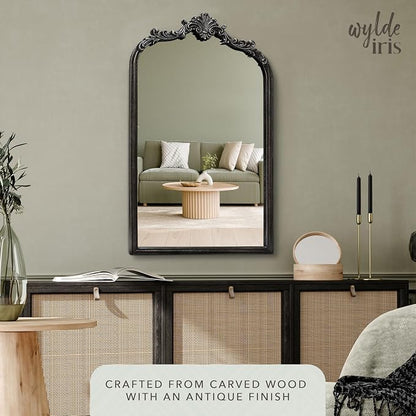 English Estate Carved Arch Wood Wall Mirror, Mirror for Entryway, Living Room, Bathroom, Distressed Black, 20.4x33