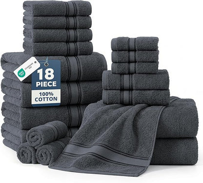 LANE LINEN Towel Set for Bathroom 18 Piece Soft Absorbent - Cool Grey | Towels And Washcloths Sets - Oversized & Roomy, Lightweight & Breathable, Fade-Resistant Color, Classic Terry Weave