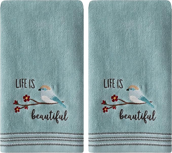 SKL Home by Saturday Knight Ltd. Life Is Beautiful 2 Pc Hand Towel Set, Aqua | 100% Cotton. Soft, decorative velour. For use in the bathroom, kitchen or bar & makes a great gift.