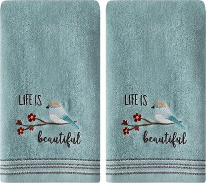 SKL Home by Saturday Knight Ltd. Life Is Beautiful 2 Pc Hand Towel Set, Aqua | 100% Cotton. Soft, decorative velour. For use in the bathroom, kitchen or bar & makes a great gift.