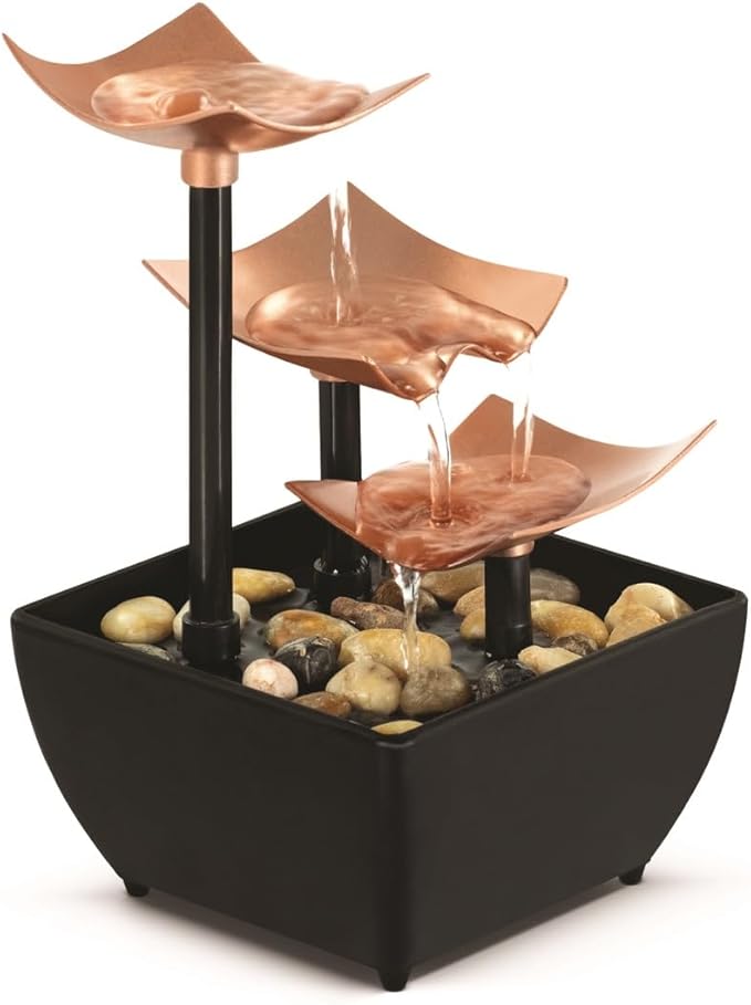 Homedics Tabletop Water Fountain, 3 Tier Indoor Waterfall Fountain | with Natural River Rocks, Quiet Pump for Relaxation, Zen Home & Office Desk Décor, AA Battery Powered