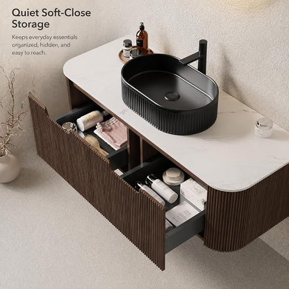 48 Inch Bathroom Vanity with Sink, Floating Wall Mounted Single Sink Vanity, Dark Walnut Curved Fluted Front, Stone Top, Black Textured Oval Vessel Basin, Pre-Assembled