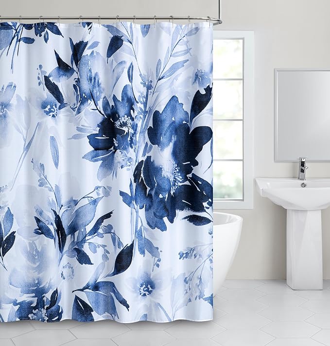 Dainty Home Blue Florals 3D Textured Weave Shower Curtain for Bathroom 70" x 72" Water-Resistant Washable Polyester Blend Fabric Bath Curtain, Decorative Bathroom Décor