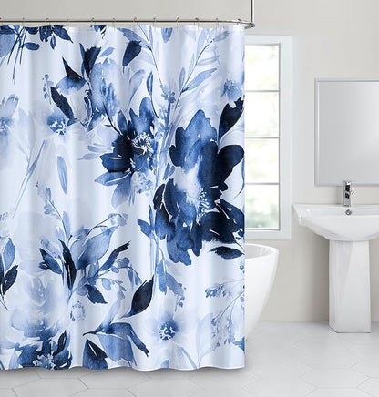 Dainty Home Blue Florals 3D Textured Weave Shower Curtain for Bathroom 70" x 72" Water-Resistant Washable Polyester Blend Fabric Bath Curtain, Decorative Bathroom Décor