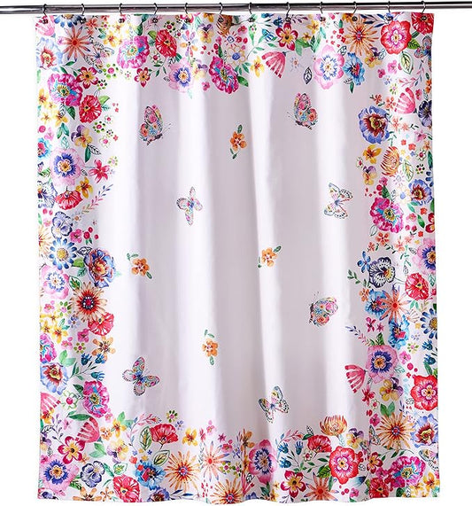 Maison d' Hermine Shower Curtain 100% Cotton One Panel 70"x72" Washable Fabric Shower Curtains for Bathroom, Easy Hanging with 12 Button Holes - Spa Easter Gifts (Happy Florals - High Summer)