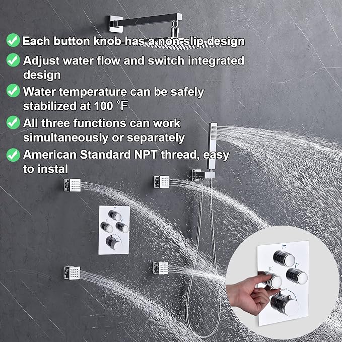 Rain Shower System,12 Inch Wall Mounted Rain Shower Head with Body Jets and Handheld Shower, Push Button Thermostatic Shower Faucet Set, Can Use all Options at a Time, Polished chrome