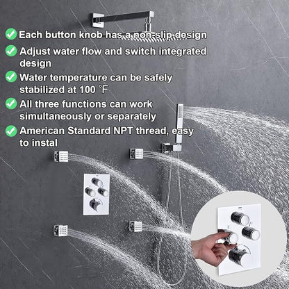 Rain Shower System,12 Inch Wall Mounted Rain Shower Head with Body Jets and Handheld Shower, Push Button Thermostatic Shower Faucet Set, Can Use all Options at a Time, Polished chrome