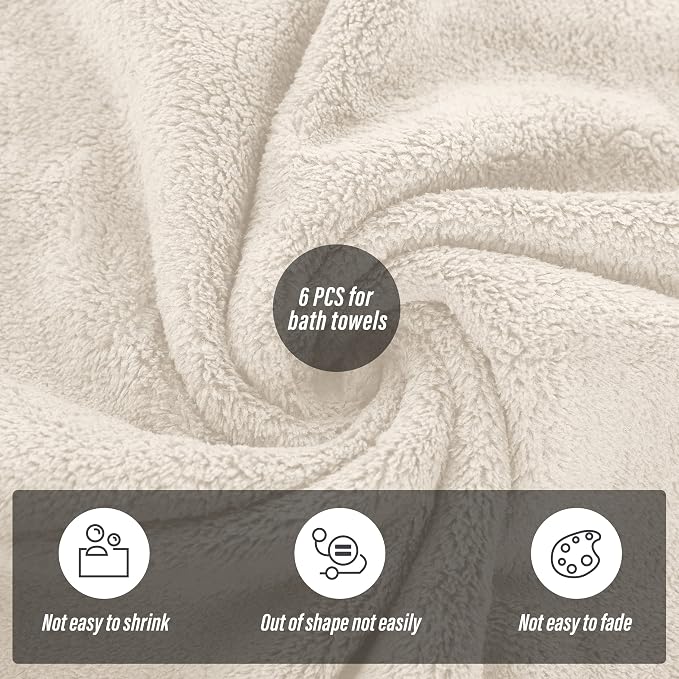 MOONQUEEN 6 Pack Premium Bath Towel Set - Quick Drying - Microfiber Coral Velvet Highly Absorbent Towels - Multipurpose Use as Bath Fitness, Bathroom, Shower, Sports, Yoga Towel (Cream)