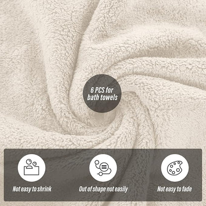 MOONQUEEN 6 Pack Premium Bath Towel Set - Quick Drying - Microfiber Coral Velvet Highly Absorbent Towels - Multipurpose Use as Bath Fitness, Bathroom, Shower, Sports, Yoga Towel (Cream)