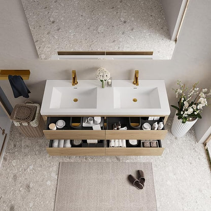 60" Wall-Mounted Bathroom Vanity, Double Sink Floating Cabinet with Stone Resin Countertop & Soft-Close Drawers, Modern Floating Storage Solution,Natural Oak