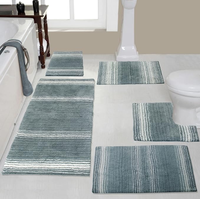 Home Weavers 100% Cotton Gradiation Collection Bathroom Décor | Washable Rug | Bathroom Mat | Kitchen Mat | Bathroom Rug Set | Bath Mat Set | Bath Floor Mat Non Slip, 5 Piece Set with Contour, Gray