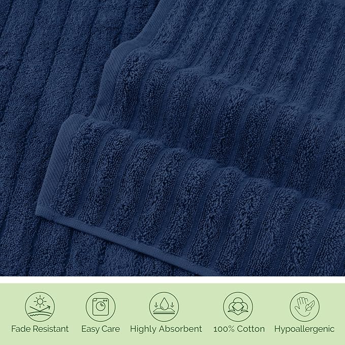 Elegant Comfort 100% Turkish Cotton Corduroy Ribbed Luxury Soft 2 Pack Bath Towels 27 x 54 Inch - Ultra Plush, Absorbent, Quick Dry, Hotel Spa Quality Towels for Bathroom Essentials, Navy