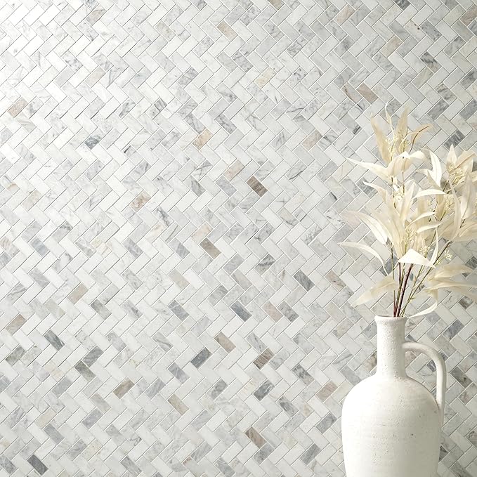 MSI Arabescato Venato White 1 in. x 2 in. Herringbone Honed Marble Mesh Mounted Mosaic Tile for Bathroom, Kitchen Backsplash, Accent Wall Tile, and Shower Wall Tile