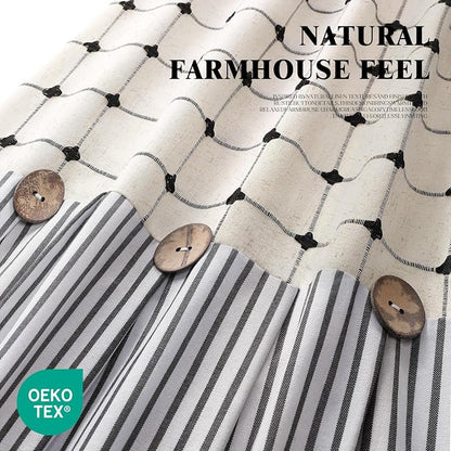 Farmhouse Shower Curtain Button Plaid-Beige-Black Stripe 72"W x 72"L | Farmhouse Style, Chic Button, Striped, Linen Fabric, Rustic, Country, Natural Look, Washable, for Bathroom Bathtub