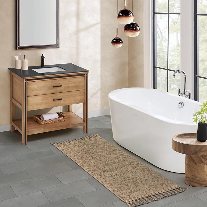 French Connection Nellore Bath Rugs, Woven and Beaded Bath Mats, Durable and Thick Bath Mats for Bathroom and Shower Rugs, 24" x 64", Taupe