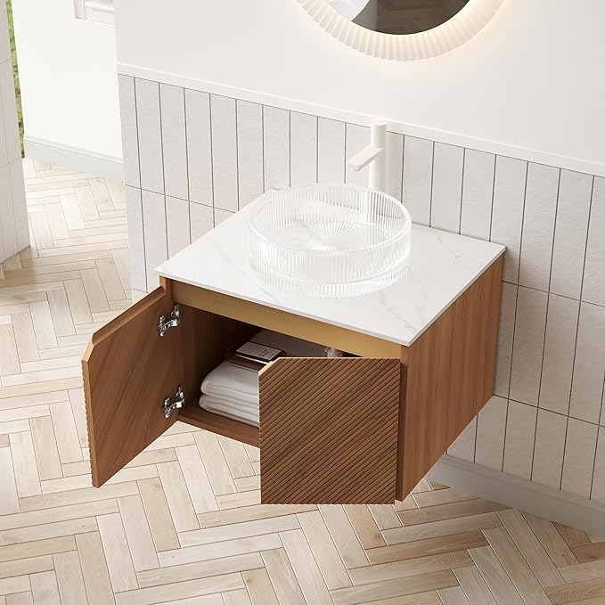24 Inch Bathroom Vanity with Sink, Floating Fluted Vanity with Vessel Sink, Small Wall Mounted Bathroom Vanity Cabinet with 2 Doors, Glass Vessel Sink & Sintered Stone Top, Oak