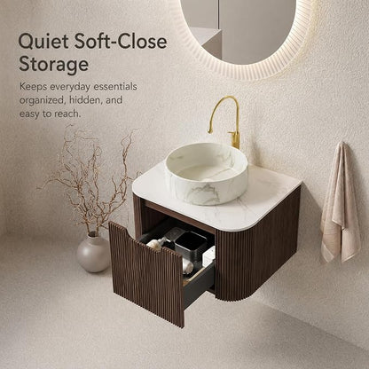 24 Inch Bathroom Vanity with Sink, Floating Wall Mounted Single Sink Vanity for Small Baths, Dark Walnut Curved Fluted Front, Stone Top, Marble-Look Round Vessel Basin, Pre-Assembled