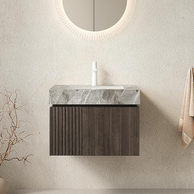 KEIKI 24 Inch Floating Bathroom Vanity with Sink, Espresso & Grey | Modern Wall Mounted Storage Cabinet with 2 Doors, Pre-assembled Wood Panels, Sintered Stone Top & Ceramic Basin Combo Set