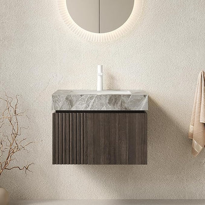 KEIKI 24 Inch Floating Bathroom Vanity with Sink, Espresso & Grey | Modern Wall Mounted Storage Cabinet with 2 Doors, Pre-assembled Wood Panels, Sintered Stone Top & Ceramic Basin Combo Set