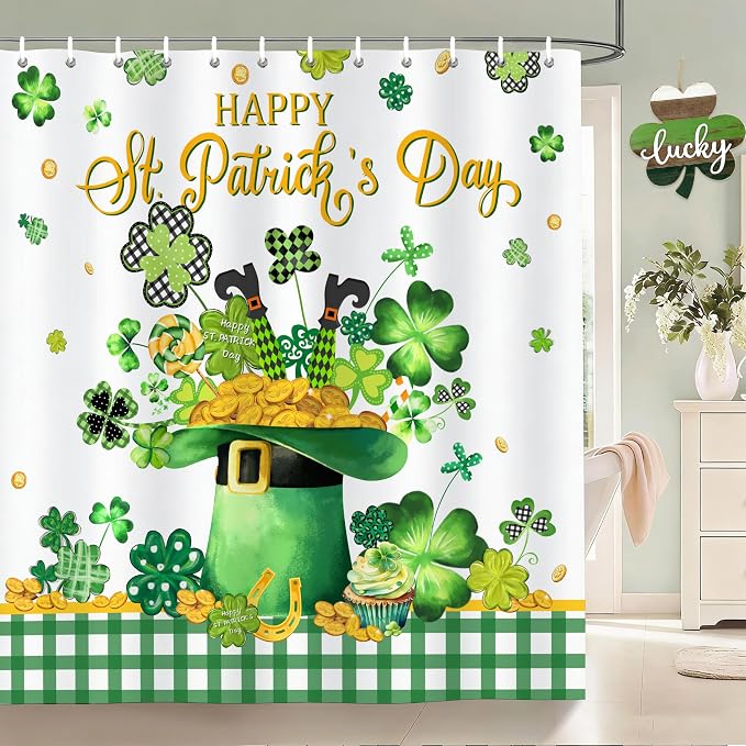 St. Patrick's Day Shower Curtain Shamrock Shower Curtains Waterproof Fabric Bath Curtains with 12 Hooks for St. Patricks Day Home Bathroom Decor, 72 x 72 Inches