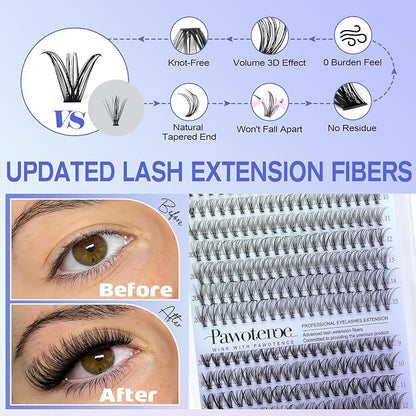 Lash Extension Kit DIY 280pcs Individual Lash Clusters Kit 20D&30D Natural 9-15mm Cluster Eyelash Extensions Kit with Lash Bond and Seal, Tweezers for Self Use (20D&30D, 0.07D, 9-15mm, Kit)