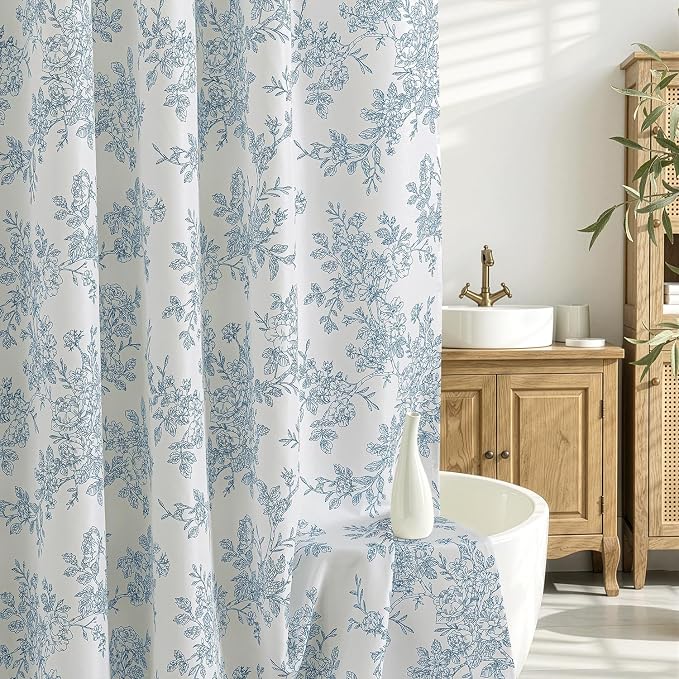 Extra Long Blue Floral Shower Curtain W72*L84 Inches Long | Linen Textured Fabric, 12 Rustproof Metal Hooks, Wrinkle Resistant Cloth, Machine Washable, Bathroom Decor for Cottage Core