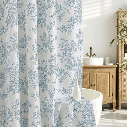 Extra Long Blue Floral Shower Curtain W72*L84 Inches Long | Linen Textured Fabric, 12 Rustproof Metal Hooks, Wrinkle Resistant Cloth, Machine Washable, Bathroom Decor for Cottage Core