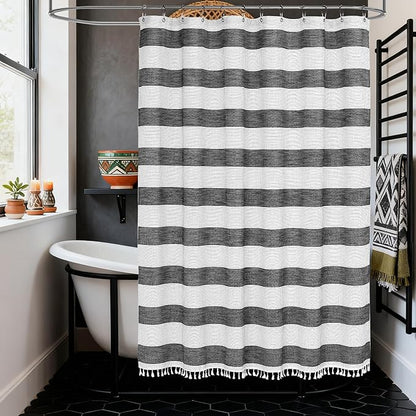 Black and White Farmhouse Thick Shower Curtain with Tassels, 350GSM Cotton Linen Soft Fabric Shower Curtain Boho Chic, 72 x 72 Inch Vintage Striped Heavyweight Bathroom Curtain Water-Repellent