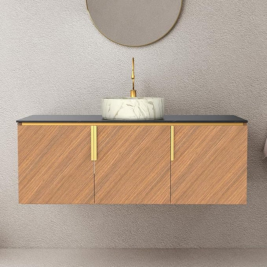 LKTART 48 Inch Bathroom Vanity with Sink, Modern Wall Mounted Bathroom Sink with 3 Doors, Black Sintered Stone Countertop and Stone Round Ceramic Basin