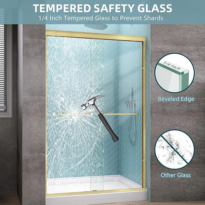 GETPRO Sliding Shower Door 44-48 in. W x 72 in. H Semi-Frameless Bypasss Double Sliding Glass Shower Doors,1/4 inch Clear Tempered Glass Door for Walk-in Shower Brushed Gold