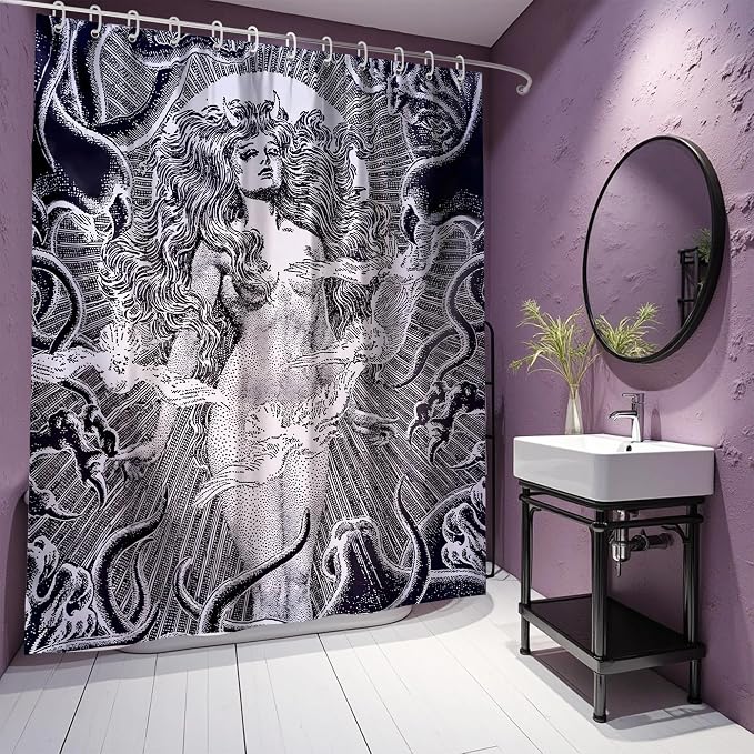 Gray White Gothic Snake Goddess Vintage Art Shower Curtain Set 72x72 Inches | Vintage Gothic Snake Goddess Myth Print, Dark Indie Home Guest Housewarming Dark Art Lover Bath Decor, With Fabric Hooks