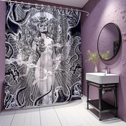 Gray White Gothic Snake Goddess Vintage Art Shower Curtain Set 72x72 Inches | Vintage Gothic Snake Goddess Myth Print, Dark Indie Home Guest Housewarming Dark Art Lover Bath Decor, With Fabric Hooks