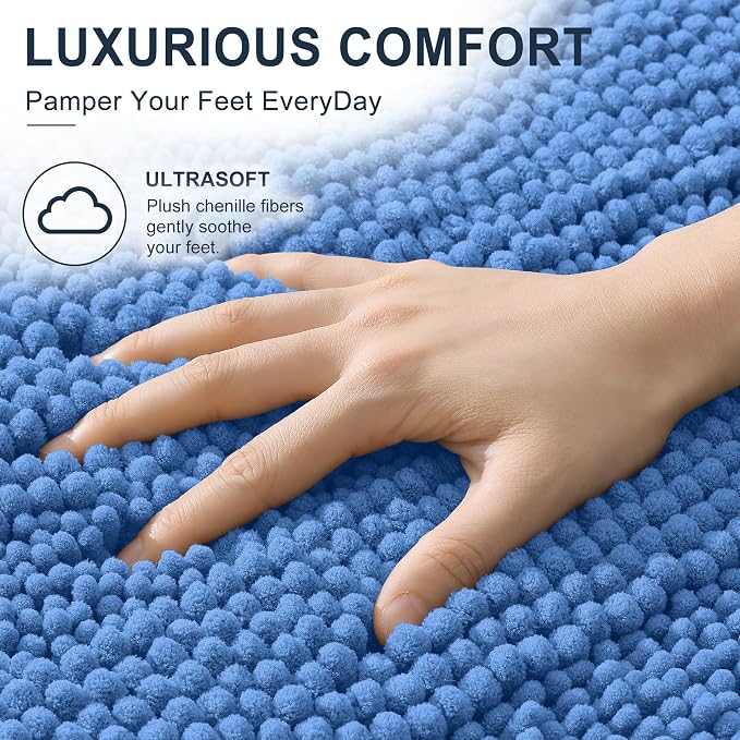 Smiry Thick Chenille Bathroom Runner Rugs 70x24, Bath Mat, Cornflower Blue | Quick‑Dry & Machine Washable, Non‑Slip Bath Carpet, Soft Striped Bath Rugs for Tub & Shower, Modern Home Decor Accessories