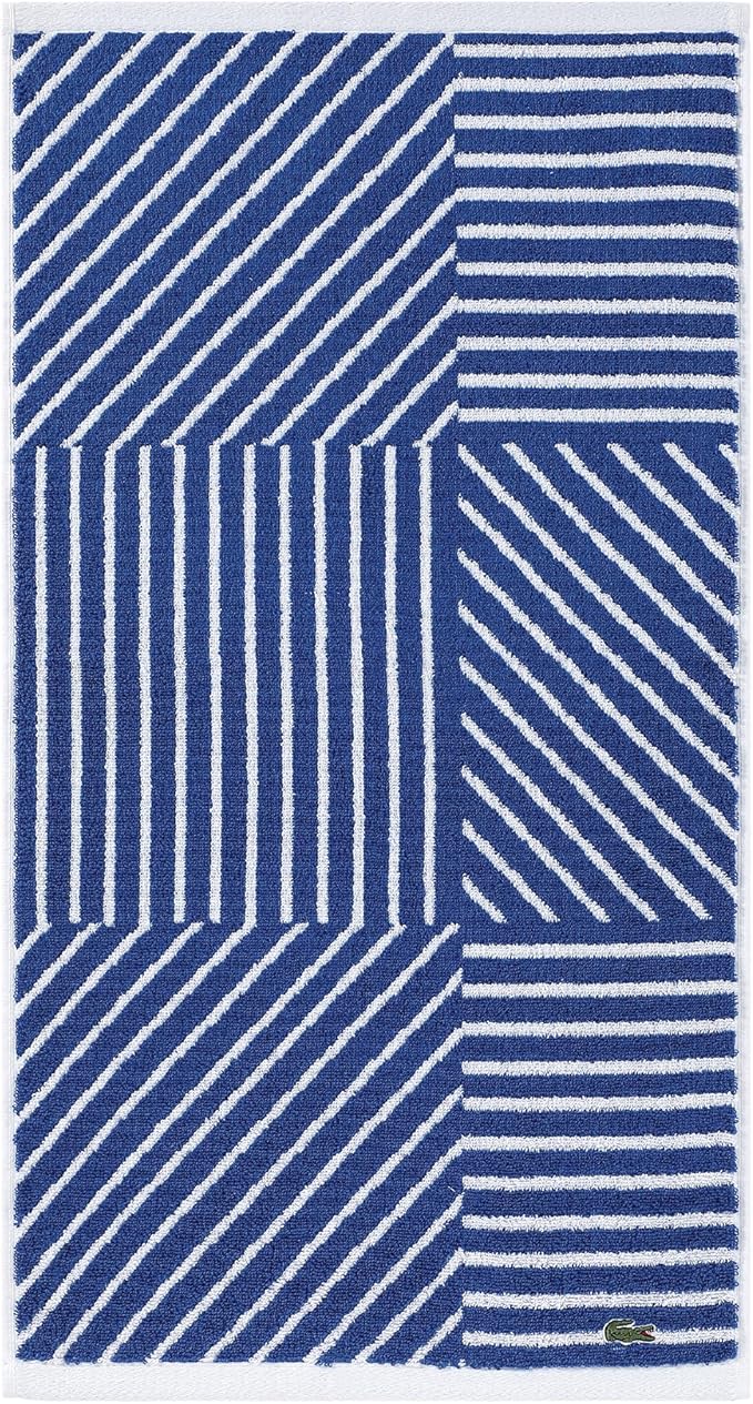 Lacoste Guethary Striped Towel – 100% Cotton, Reversible Modern Geometric Design, Soft & Absorbent, Durable & Lightweight, Machine Washable – Surf Blue, 16"x30" Hand Towel