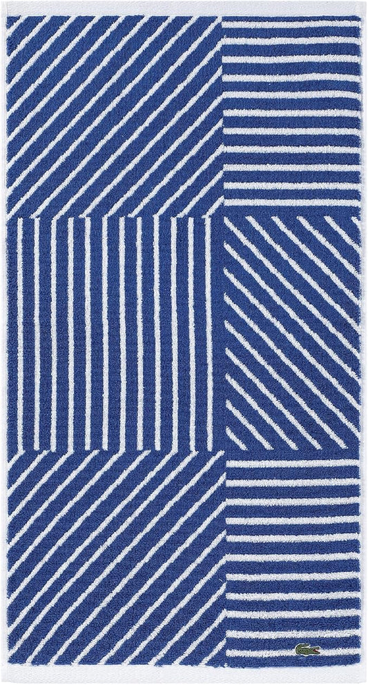 Lacoste Guethary Striped Towel – 100% Cotton, Reversible Modern Geometric Design, Soft & Absorbent, Durable & Lightweight, Machine Washable – Surf Blue, 16"x30" Hand Towel