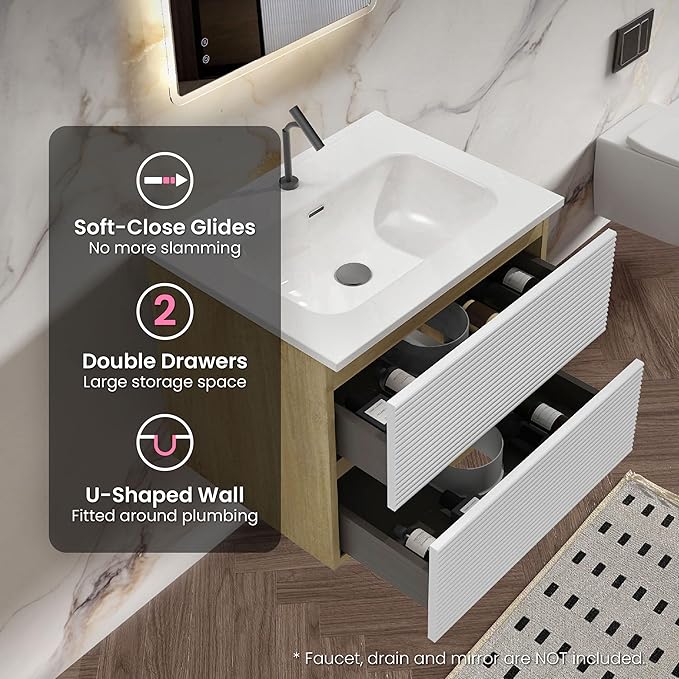 24″ Natural Wood & White Floating Bathroom Vanity with Sink, Modern Bathroom Cabinet with Soft Close & Large Storage Drawers, for Small Space, Apartment, Hotel, Fully Assembled