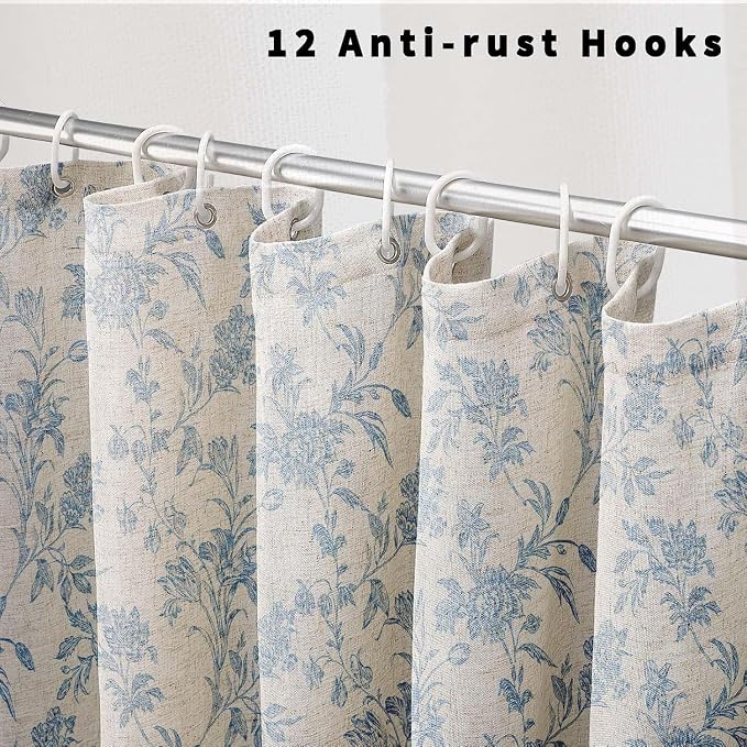 WOUVMA Extra Long Blue Shower Curtain Floral Cotton Linen Cottagecore Shower Curtain for Bathroom 96" L x 72" W