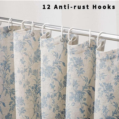 WOUVMA Extra Long Blue Shower Curtain Floral Cotton Linen Cottagecore Shower Curtain for Bathroom 96" L x 72" W