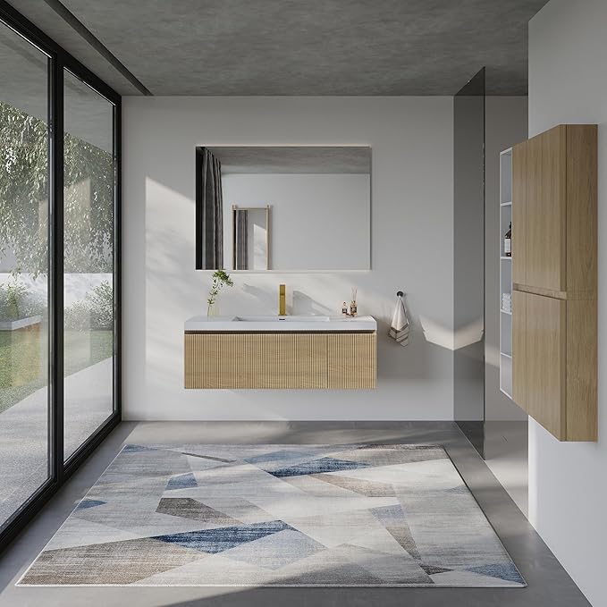 48'' Floating Bathroom Vanity with Sink Combo, Modern Wall-Mounted Striped Bathroom Storage Cabinet with Soft-Close Drawer and Glossy White Solid Surface Basin, Natural Oak, No Assembly Required